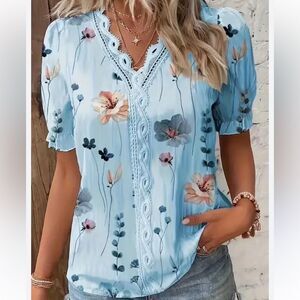 Blue Pleased Short Sleeve Blouse Size XL